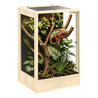 18" x 18" x 32" Tall Reptile Terrarium, 45 Gallon Glass Chameleon Cage, Vertical Crested Gecko Tank with Ventilated Mesh Top, Front Opening Rainforest Habitat, Oak - color: Oak, size: 18" L x 18" W x 32" H, 45 Gallon