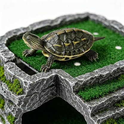 Turtle Basking Platform with Artificial Grass, Large Acrylic Turtle Dock and Ramp for Aquatic Turtles, Frogs, and Reptiles, Aquarium Terrace Accessory, Floating Turtle basking Platform