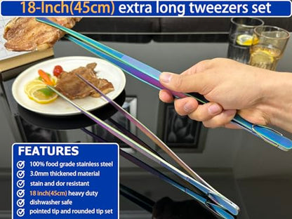 JETKONG 2 Pcs 18 Inch (45cm) Stainless Steel Grill Tongs Heavy Duty Giant Tweezer Tongs, Extra Large Tweezers Tools for Cooking, Grilling, BBQ and Turning Food (Rainbow) - color: Rainbow, size: 18+18 Inch