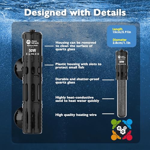 AquaMiracle Submersible Aquarium Heater, 50W Fish Tank Heaters with LED Digital Temp Display, Dry-Run Auto Power-Off & Overheat Protection, for Freshwater and Saltwater Tanks (5-10 Gal) - size: For 5-10 Gal Aquariums