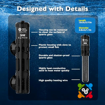 AquaMiracle Submersible Aquarium Heater, 50W Fish Tank Heaters with LED Digital Temp Display, Dry-Run Auto Power-Off & Overheat Protection, for Freshwater and Saltwater Tanks (5-10 Gal) - size: For 5-10 Gal Aquariums