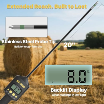Hay Moisture Tester with 20" Probe, Moisture & Temperature Meter for Round and Square Hay Bales, Fast Backlit Readings, Calibration Clip Included, BlackGold - color: Blackgold
