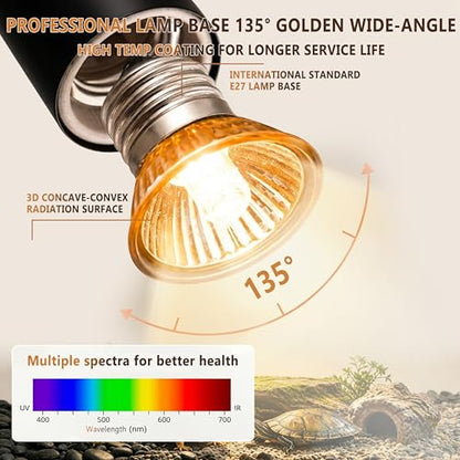 5.0 New Upgraded Reptile Heat Lamp& Hygrothermograph|Individual Control |135°Golden Wide-Angle|5000 Hours of Service Life|UVA UVB Light for Reptiles for Turtle Lizard and More 2 Bulbs 50W