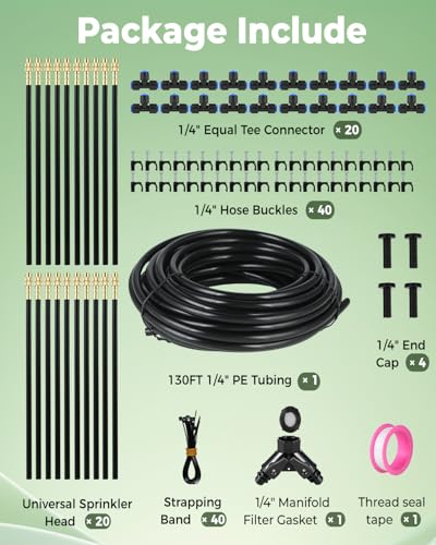 130FT Drip Irrigation System for Garden: 20 Nozzles 1/4" PE Tubing Automatic Watering Kit Adjustable Misting Sprinkler Mister Hose for Water Plants Tape Raised Beds Lawn Outdoor Yard Greenhouse 130FT - size: 130FT
