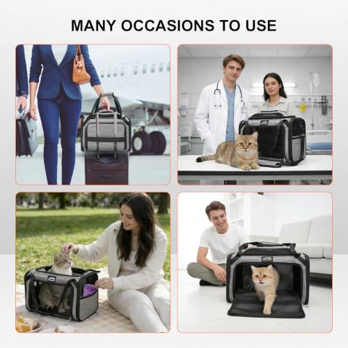 Expandable cat Carrier Soft Sided Airline Approved Pet Carrier Up to 12lbs | Top & Side Expandable, 360° Breathable Mesh, Anti-Collapse Frame, Built-in Safety Leash, Reversible Cushion for Cat Small Dog - color: Grey