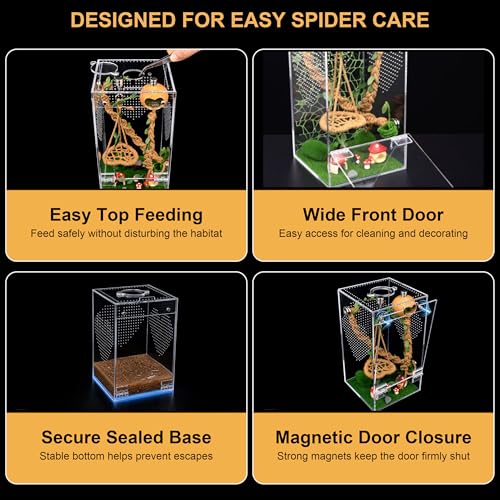 Jumping Spider Enclosure Kit, Acrylic Terrarium & 19PCS Accessories | Pre-Assembled Jumping Spider Enclosure Kit with Decor, Front Opening Spider Terrarium, Ventilated Jumping Spider Habitat