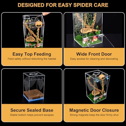 Jumping Spider Enclosure Kit, Acrylic Terrarium & 19PCS Accessories | Pre-Assembled Jumping Spider Enclosure Kit with Decor, Front Opening Spider Terrarium, Ventilated Jumping Spider Habitat