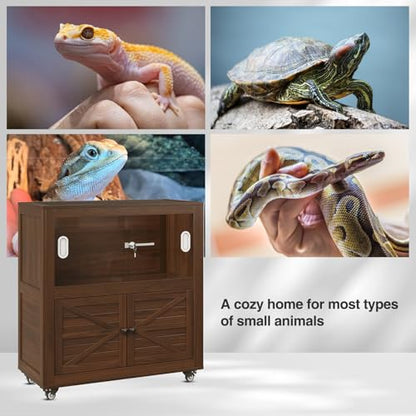 Reptile Terrarium with Stand, 40 Gallon Reptile Tank with Large Storage Cabinet and Ventilated Metal Mesh Top, Walnut - color: Walnut