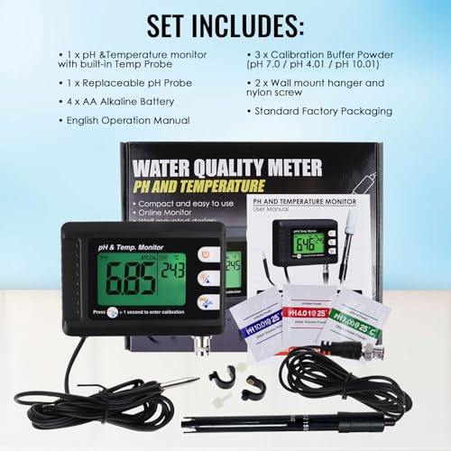 2 in1 pH Temperature Meter, Aquarium Thermometer pH Monitor with BNC Probe | Hydroponics, Aquariums, Pools, Labs, Drinking Water, Saltwater - Water Quality Tester pH Meter with ATC & Auto Calibration