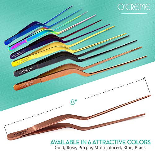 O'Creme 8 Inch Blue Stainless Steel Precision Kitchen Culinary Offset Tweezer Tongs - color: Blue, size: 8" Offset