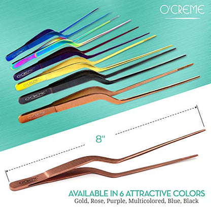 O'Creme 8 Inch Blue Stainless Steel Precision Kitchen Culinary Offset Tweezer Tongs - color: Blue, size: 8" Offset