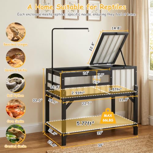 PetsCosset Indoor Tortoise Enclosure Elevated Tortoise Table with UVB Lamp Stand & Storage Shelf, Two-Room Reptile Habitat with PVC Anti-Glare Panel for Sulcata Russian Hermann’s Tortoise - size: 39.0"L x 22.8"W x 33.1"H