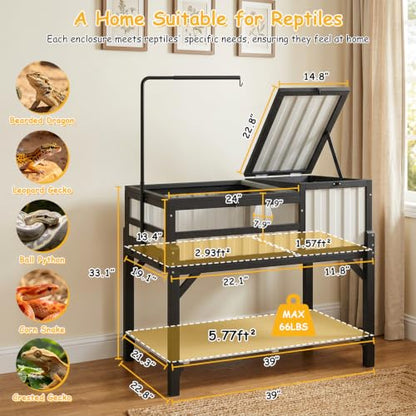 PetsCosset Indoor Tortoise Enclosure Elevated Tortoise Table with UVB Lamp Stand & Storage Shelf, Two-Room Reptile Habitat with PVC Anti-Glare Panel for Sulcata Russian Hermann’s Tortoise - size: 39.0"L x 22.8"W x 33.1"H