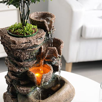 Haobos Indoor Fountain 4-Bowl Rockery Soothing Sound Tabletop Fountains Home/Office Decor with a Small Plastic Pot to Grow The Plant by Yourself(Automatic Watering)