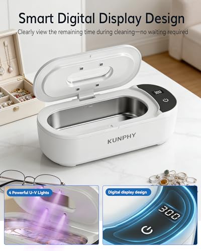 48kHz Ultrasonic Jewelry Cleaner, Ultrasonic Cleaner | 2026 Upgraded Design, 400ml Tank, 2 Digital Timers, Touch Operation, for Eyeglasses Watches Silver Gold Diamond Rings - color: Cool White