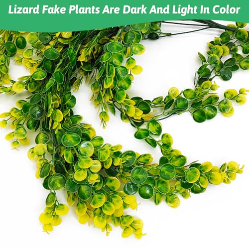 Hamiledyi 6 PCS Reptile Plants Hanging Terrarium Plants Artificial Leaves Habitat Decorations with Suction Cup Green and Yellow Fake Amphibian Plants for Bearded Dragon Lizard Geckos Chameleon - size: 6 PCS