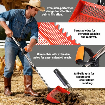 Chicken Poop Scooper, 2-in-1 Metal Chicken coop Scoop | 35 to 76" Adjustable aluminum alloy Handle for Sand & Rake, Litter Scooper Sand Sifting Shovel Chicken Coops/Animals House