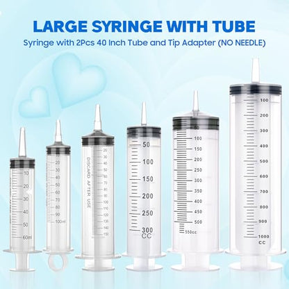 200ml/cc Syringes with Tube 40 Inch Handy Plastic Tubing and Adapter Tip | for Liquid, Refilling Measuring, Dispensing Watering, Plant Irrigation, Feeding Pets, Oil or Glue Applicator - size: 200ML/CC