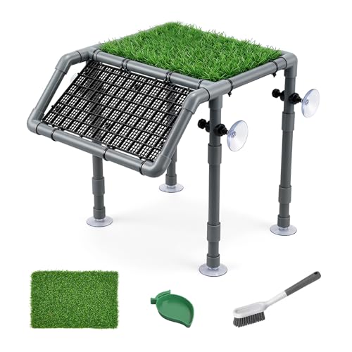 Freestanding Turtle Basking Platform, 13.4" Wide for Tanks | Adjustable Height 5.9-14.5", Fits 40B-120 Gal, Screw-Fixed Suction Cups, Grass Mat, Feeding Bowl & Brush, - size: 13.4'' W