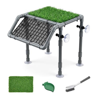 Freestanding Turtle Basking Platform, 13.4" Wide for Tanks | Adjustable Height 5.9-14.5", Fits 40B-120 Gal, Screw-Fixed Suction Cups, Grass Mat, Feeding Bowl & Brush, - size: 13.4'' W