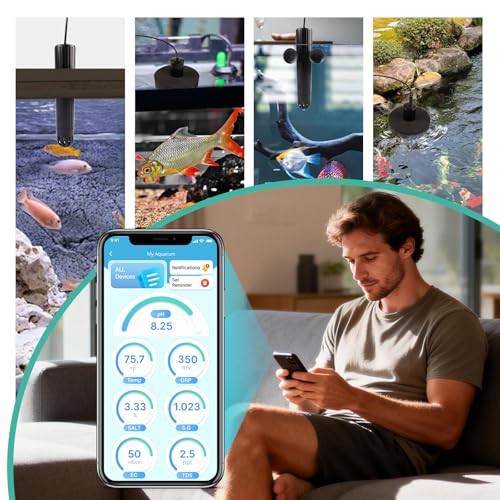 Digital Aquarium Water Tester with App Alerts | 7 Parameter Smart Aquarium Monitor for pH ORP EC TDS Salinity SG Temp, Freshwater & Saltwater Tanks - color: Glossy Black & Metal Gray