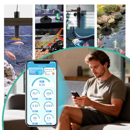 Digital Aquarium Water Tester with App Alerts | 7 Parameter Smart Aquarium Monitor for pH ORP EC TDS Salinity SG Temp, Freshwater & Saltwater Tanks - color: Glossy Black & Metal Gray