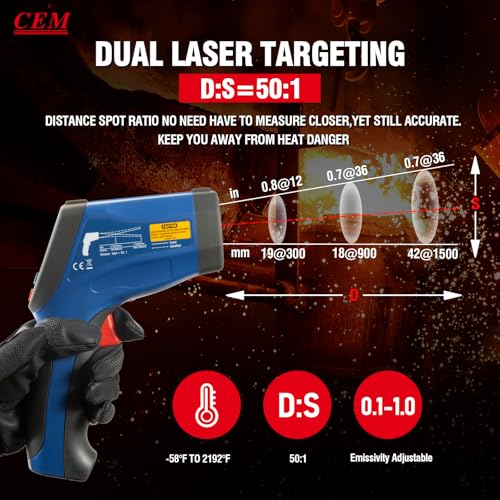 CEM DS 50:1 Infrared Thermometer Temperature Gun,-58°F to 2192F°Adjustable Emissivity IR Temp Gun,Dual Laser HVAC Cooking Pyrometer,0.15S Response Thermal Heat Leak Detector with K-Type Probe&USB