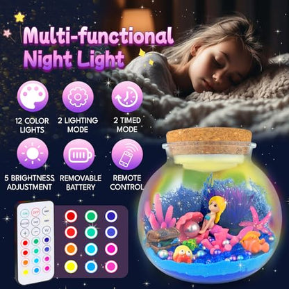 7july Mermaid Terrarium Craft Kit for Kids - LED Night Light Up & Remote Mermaid Birthday Gifts Toys for Girls Age 5 6 7 8 9 10 11 12 Year Old - style: Mermaid