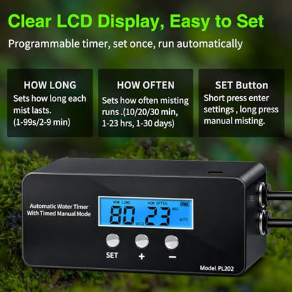 Reptile Misting System, Automatic Timer Sprayer with LCD Controller, Self-Priming Pump, Fine Mist Rainforest Spray for Terrarium, Chameleon, Gecko & Snake