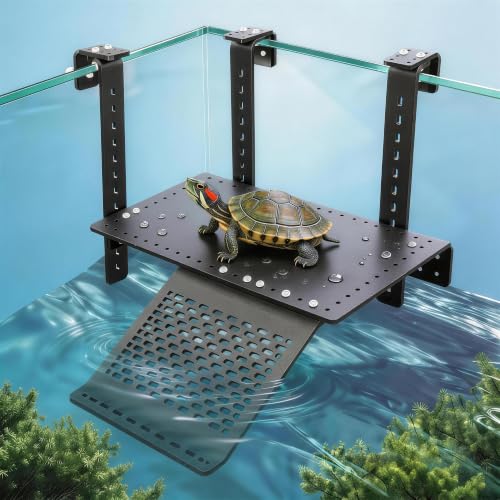 Adjustable Hanging Acrylic Turtle Basking Platform 12x7 for 0.3-2" Tanks | Black acrylic turtle dock with ramp fits 0.3"-2" thick aquarium rims. Acrylic basking platform for aquatic tanks. - size: 12'' x 7''