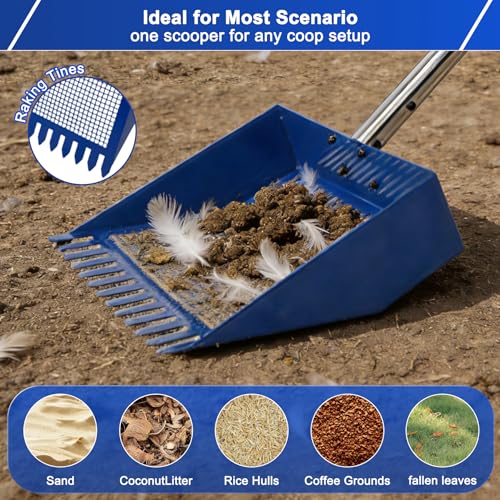 Chicken Poop Scooper & Rake, Stainless Steel Shovel Head Chicken Coop Scoop with Reuseable Yard Waste Bags, Adjustable Stainless Steel Handle 28"-68", Chicken Scooper for Chicken Coop Cleaning Tool