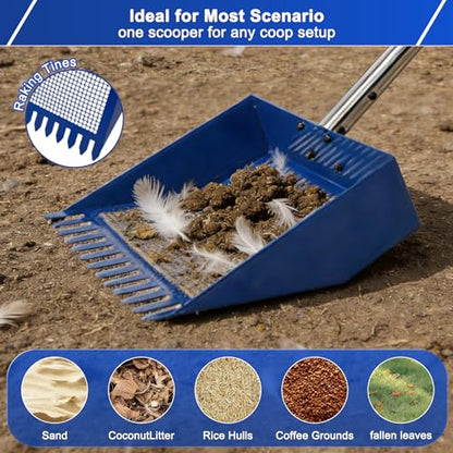 Chicken Poop Scooper & Rake, Stainless Steel Shovel Head Chicken Coop Scoop with Reuseable Yard Waste Bags, Adjustable Stainless Steel Handle 28"-68", Chicken Scooper for Chicken Coop Cleaning Tool