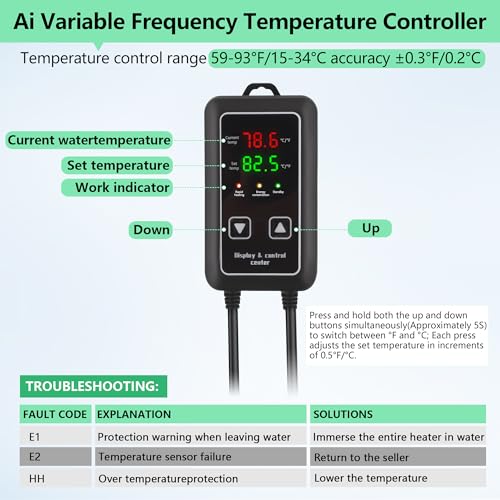 Aquarium Heater 300W/1000W, Submersible Fish Tank Heater with Digital LED Controller and Intelligent Leaving Water Automatically Stop Heating System, for Freshwater and Saltwater - size: 300W for 30-80 Gallon