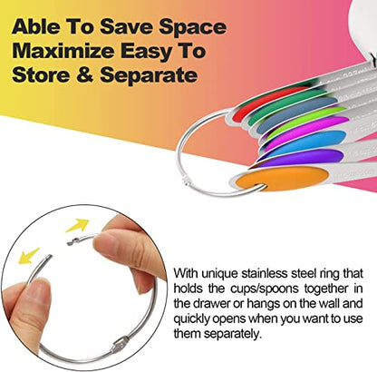 Wildone Stainless Measuring Cups and Spoons Set with Silicone Handle, 16pcs | 8 Measuring Cups and 8 Measuring Spoons, Nesting Design, Heavy Duty for Measuring Dry/Liquid Ingredients, Multicolor - color: Multicolor