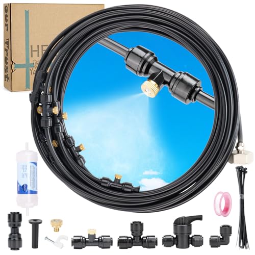 Misters for Outside Patio, 59ft Misting Line + Filter + 23 Brass Misting Nozzles +Brass Adapter(3/4") Misting System for Garden, Greenhouse, Trampoline and Chicken Coop