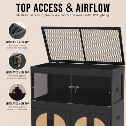 120 Gallon Reptile Terrarium Tank and Storage Cabinet, Black Finish | 4x2x2 Reptile terrarium with stand, glass doors, locking mesh top, acrylic side panels, built-in power, storage cabinet - color: Black