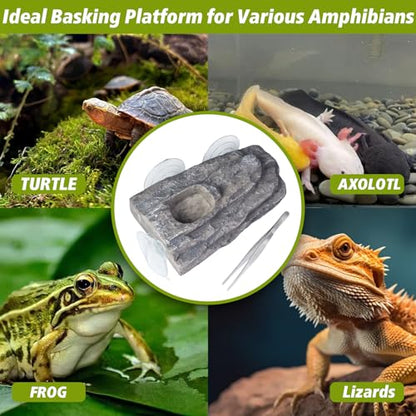 Turtle Floating Basking Platform with 3 Suction Cups & Water Bowl, Turtle Basking Platform with Feeding Tweezer for Frogs, Terrapins, Lizards(8.2×3.14×1.2 inch, Grey)