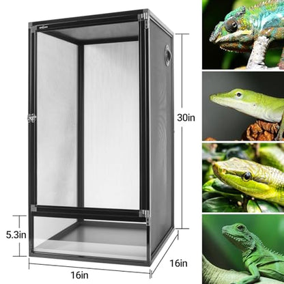 REPTI ZOO 16" x 16" x 30" Reptile Tank, Deluxe Foldable Screen Cage, 34 Gallon Vertical Terrarium with Fogger & Cable Pass, Tall Enclosure for Chameleon, Tree Frog, Crested Gecko, Arboreal Reptiles - size: 16" X 16" X 30"