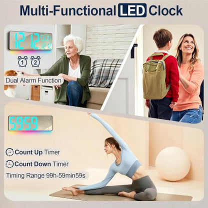 17.2-Inch Large Mirror Digital Wall Clock with Remote Control, RGB Mood Light, Extra-Large LED Display, Auto Dimming,Date, Day, Temp, Countdown Timer for Home, Gym, Office and Classroom (Ice Blue) - color: Ice Blue