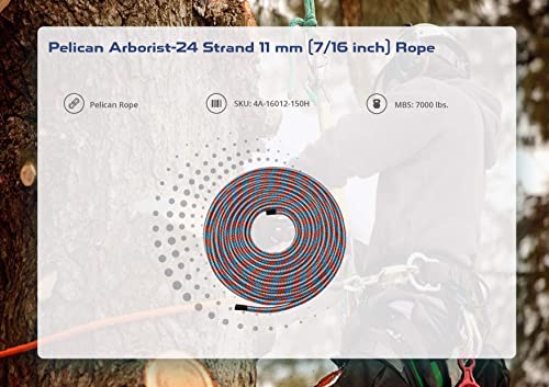 Pelican Arborist-16 Strand 12.7 mm (1/2 inch) Arborist - 7000 lbs Breaking Strength - Static Climbing Rope Used for Arborists - 150 ft - Plain End - size: 150 ft - Plain End, style: Red White Blue