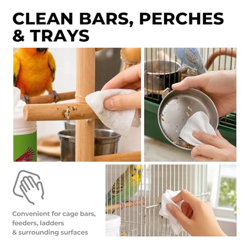 Bird Cage Cleaning Wipes, Unscented Bird Cage Cleaner Wipes for Parrot, Parakeet, Finch & Small Birds, Quick Spot Cleaning for Cages, Perches, Feeders & Trays, 2 Pack 120 Wipes