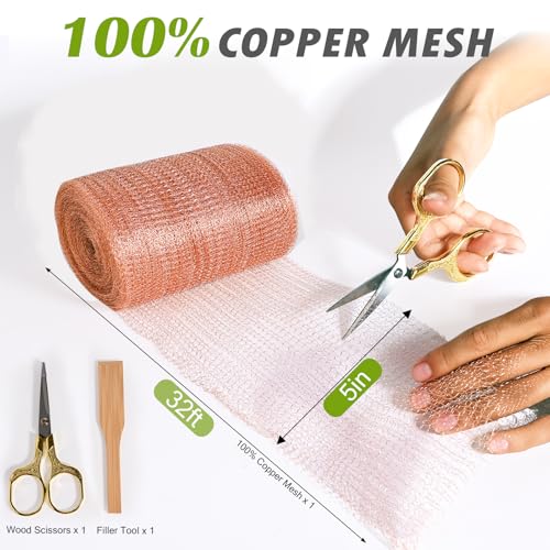 5" x 32 ft Copper Mesh Rodent Control Copper Wool for Slug Mice Snail Pest | Copper Mesh for Mice Pest Snail Bat Control Copper Steel Wool for Weep Hole Covers Blocks Gap Rodent Mesh Scissors Included - size: 5 inx32 ft