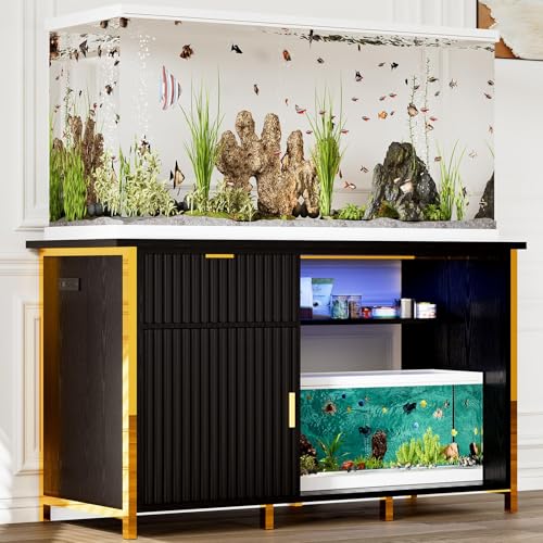 55-75 Gallon Fish Tank Stand, Aquarium Stand with LED Light, Black & Gold | 49 x 20 In Top, Modern Fluted Design, 2 Outlets, 2 USB Ports, Shelf Storage, Metal Frame Support, 1100 LBS, Turtle Tank Stand - color: Black and Gold
