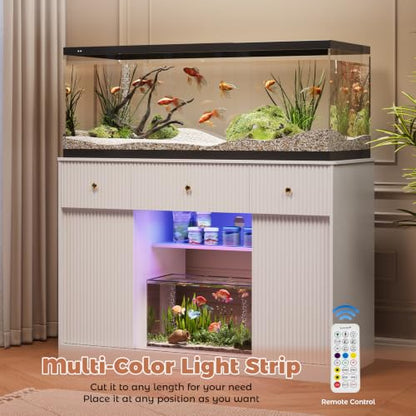 Garvee 55-75 Gallon Fish Tank Stand, Aquarium Stand with Power Outlet, Fish Tank Stand with Storage Cabinets, Drawers, LED Light, Sliding Barn Door Fish & Reptile Tanks Stand for 2 Tanks | Fish Tank Stand with Storage Cabinets, Drawers, LED Light, Sliding