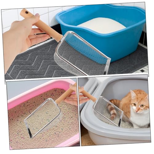 Stainless Steel Cat Litter Scoop with Wood Handle, 2x2mm Mesh Rock Sifter for Reptile and Small Pet Litter Cleaning, Sturdy Home Shovel for Kitten and Hamster Sand Management