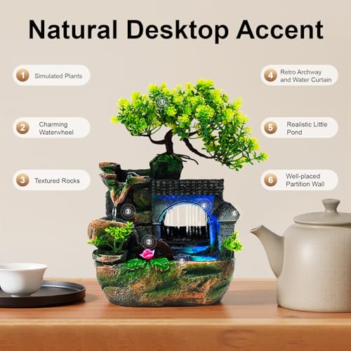 Rockery Tabletop Fountain, Waterfall Desktop Water Fountain with LED Light, Hand-Carved Resin Decor with Adjustable Flow Pump for Stress Relief, Suitable for Living Room, Office, Bedroom - size: B