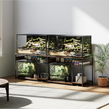 Reptile Tank Stand with Power Outlets，48" X 24" Tabletop Fits up to 120 Gallon Bearded Dragon Enclosure Stand，Double Snake Terrarium Table with Light - color: Rustic Brown