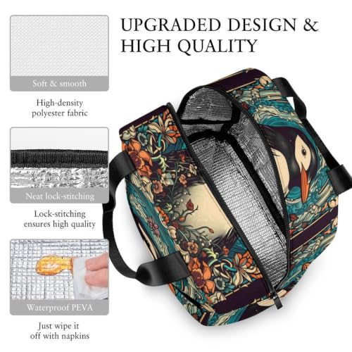 Retro Penguin Flowers Lunch Bag for Women Men | Insulated Lunch Box Leakproof Food Meal Containers Reusable Foldable 6L Capacity Lunch Tote Bags for Work Picnic Travel - color: style-13
