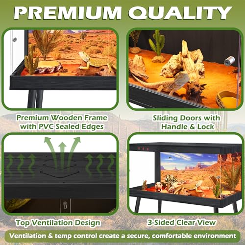 Royxen Bearded Dragon Tank, 65 Gallon Reptile Tank with Leg Stand,Built-in Lighting Reptile Enclosure, Tempered Glass Bearded Dragon Encloure for Chameleon (Black,40"x 20"x 20") - color: Black, size: 65 Gallons,40"x20"x20"