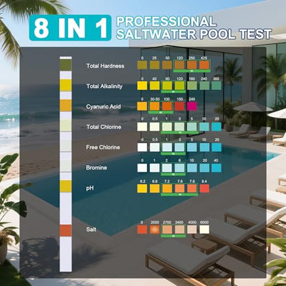 Salt-Water Pool Test Strips Kit: 25 Counts 8-in-1 for Salt Water Pool Testing Kit, Salt Pool Test Strips for Hot Tub Spa Testing Salt Chlorine pH and More - size: 25 Strips